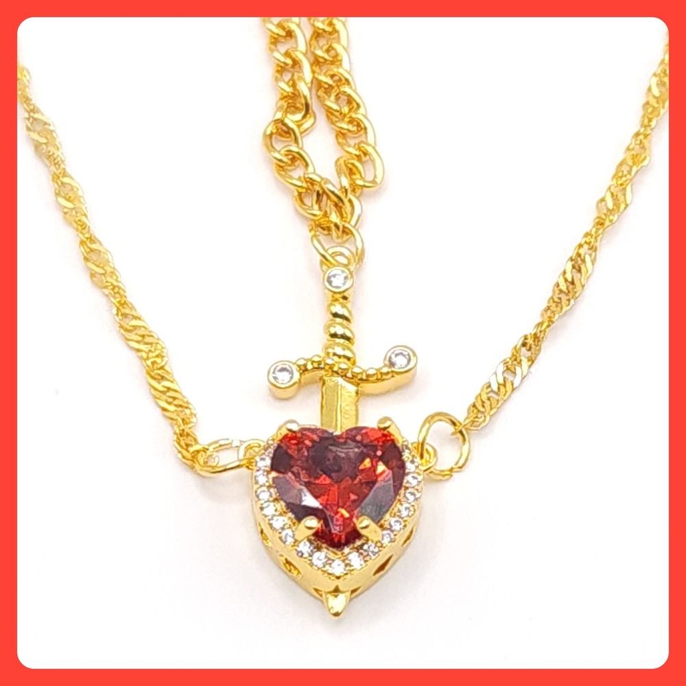 Sword‎ Heart Necklace Set Couples Gold Red CZ 20-22in Matching